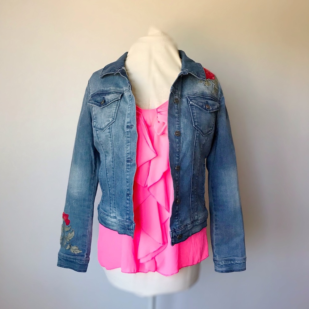 Denim Jean Jacket with Rose Embroidery Detail